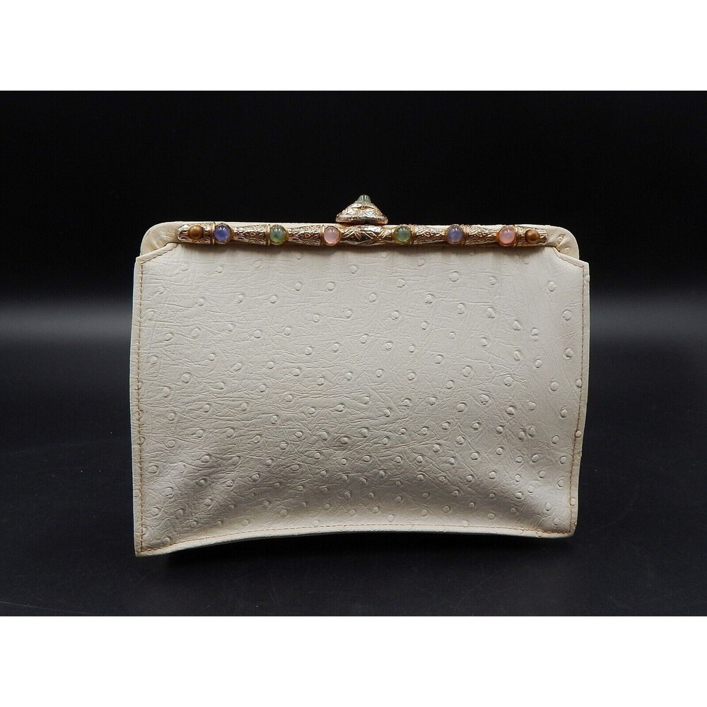 Kadin Ostrich Leather White Clutch Purse Gold Tone Metal Clasp Back Handle